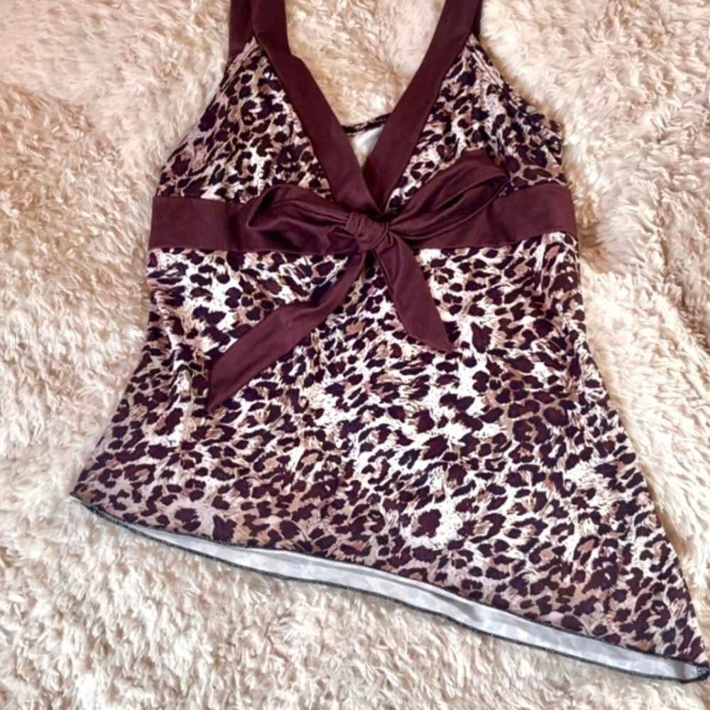 Leopard Print Satin Top with Bow